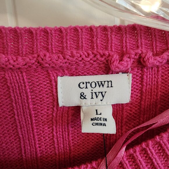 Crown & Ivy L Cable Knit Hot Pink Sweater Womens Pullover Cotton Blend - Picture 3 of 7